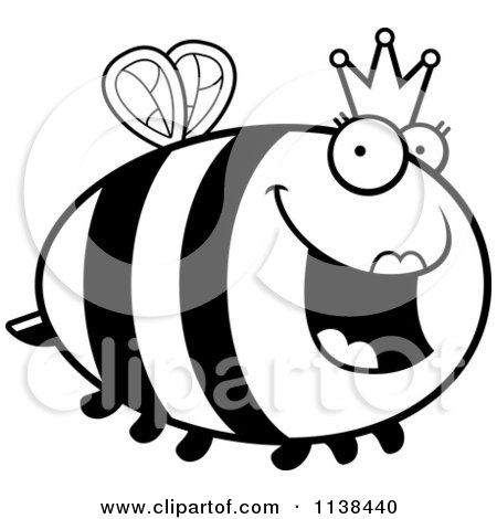 Cartoon Clipart Of An Outlined Chubby Queen Bee - Black And White Vector Coloring Page by Cory Thoman
