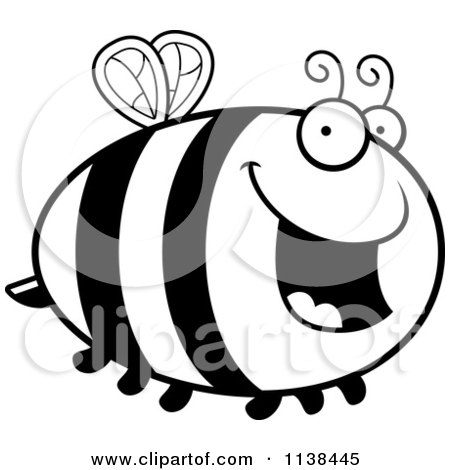 Cartoon Clipart Of An Outlined Chubby Happy Bee - Black And White Vector Coloring Page by Cory Thoman