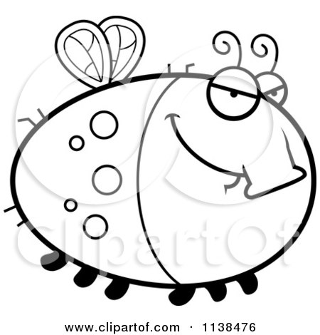 Cartoon Clipart Of An Outlined Chubby Sly Fly - Black And White Vector Coloring Page by Cory Thoman