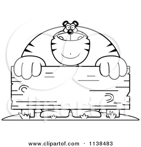 Cartoon Clipart Of An Outlined Buff Tiger Behind A Wooden Sign - Black And White Vector Coloring Page by Cory Thoman