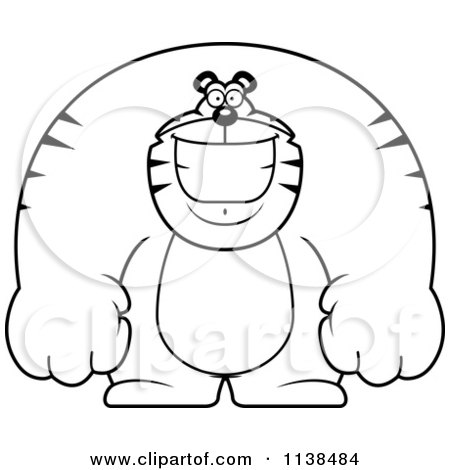 Cartoon Clipart Of An Outlined Happy Buff Tiger Smiling - Black And White Vector Coloring Page by Cory Thoman