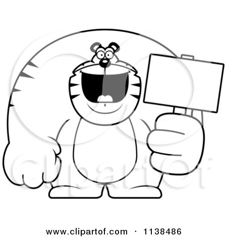 Cartoon Clipart Of An Outlined Buff Tiger Holding A Blank Sign 2 - Black And White Vector Coloring Page by Cory Thoman