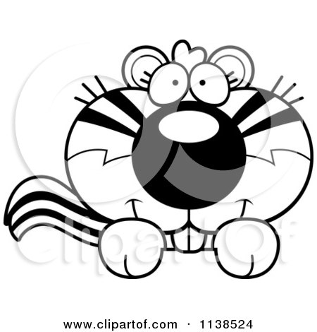 Cartoon Clipart Of An Outlined Cute Chipmunk Peeking Over A Sign - Black And White Vector Coloring Page by Cory Thoman