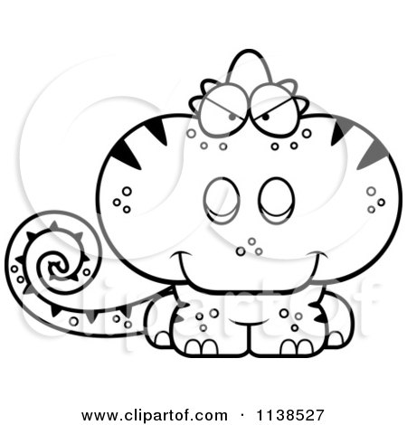 Cartoon Clipart Of An Outlined Cute Sly  Chameleon Lizard - Black And White Vector Coloring Page by Cory Thoman