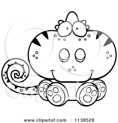 Cartoon Clipart Of An Outlined Cute Sitting  Chameleon Lizard - Black And White Vector Coloring Page by Cory Thoman