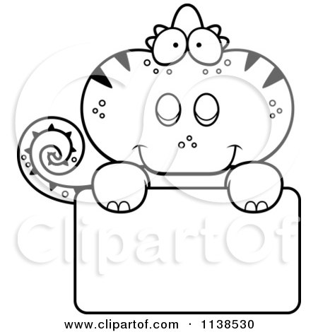 Cartoon Clipart Of An Outlined Cute  Chameleon Lizard Over A Sign - Black And White Vector Coloring Page by Cory Thoman