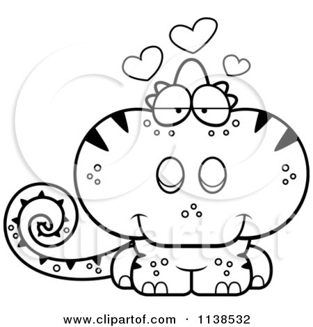Cartoon Clipart Of An Outlined Cute Amorous  Chameleon Lizard - Black And White Vector Coloring Page by Cory Thoman