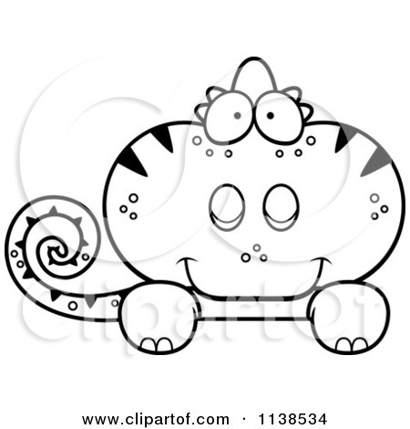 Cartoon Clipart Of An Outlined Cute  Chameleon Lizard Looking Over A Sign - Black And White Vector Coloring Page by Cory Thoman
