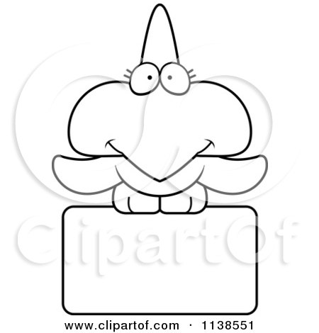 Cartoon Clipart Of An Outlined Cute Pterodactyl Dinosaur Over A Sign - Black And White Vector Coloring Page by Cory Thoman