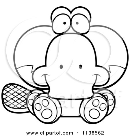 Cartoon Clipart Of An Outlined Cute Sitting Platypus - Black And White Vector Coloring Page by Cory Thoman