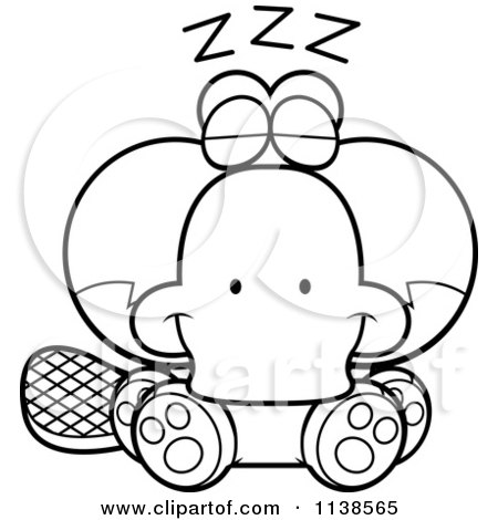 Cartoon Clipart Of An Outlined Cute Sleeping Platypus - Black And White Vector Coloring Page by Cory Thoman