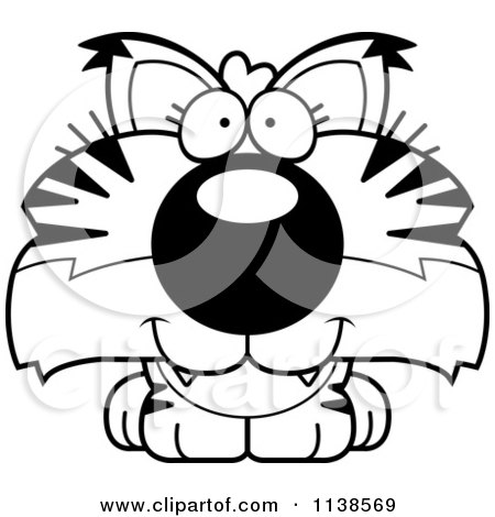 Cartoon Clipart Of An Outlined Cute Happy Bobcat Cub - Black And White Vector Coloring Page by Cory Thoman