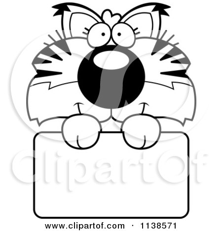 Cartoon Clipart Of An Outlined Cute Bobcat Cub Over A Sign - Black And White Vector Coloring Page by Cory Thoman