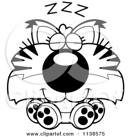 Cartoon Clipart Of An Outlined Cute Sleeping Bobcat Cub - Black And White Vector Coloring Page by Cory Thoman