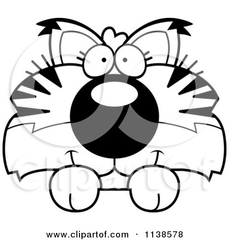 Cartoon Clipart Of An Outlined Cute Bobcat Cub Hanging Over A Sign - Black And White Vector Coloring Page by Cory Thoman