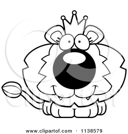 Cartoon Clipart Of An Outlined Cute Happy King Lion Cub - Black And White Vector Coloring Page by Cory Thoman