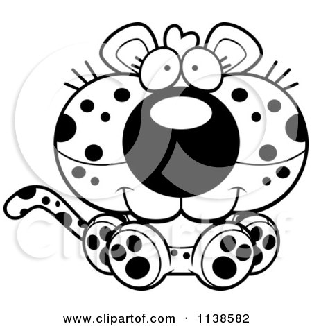 Cartoon Clipart Of An Outlined Cute Sitting Leopard Cub - Black And White Vector Coloring Page by Cory Thoman