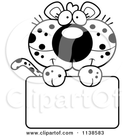 Cartoon Clipart Of An Outlined Cute Leopard Cub Over A Sign - Black And White Vector Coloring Page by Cory Thoman