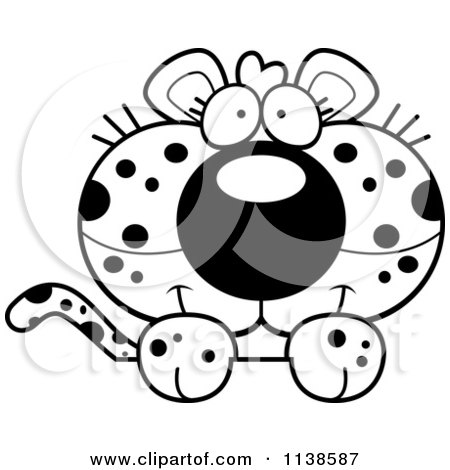 Cartoon Clipart Of An Outlined Cute Leopard Cub Hanging Over A Sign - Black And White Vector Coloring Page by Cory Thoman