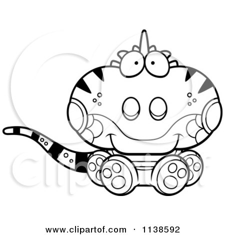 Cartoon Clipart Of An Outlined Cute Sitting Iguana Lizard - Black And White Vector Coloring Page by Cory Thoman