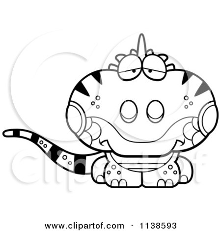 Cartoon Clipart Of An Outlined Cute Depressed Iguana Lizard - Black And White Vector Coloring Page by Cory Thoman