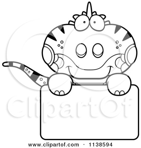 Cartoon Clipart Of An Outlined Cute Iguana Lizard Over A Sign - Black And White Vector Coloring Page by Cory Thoman