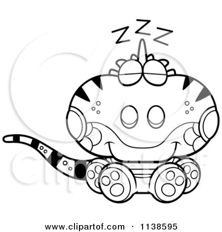 Cartoon Clipart Of An Outlined Cute Sleeping Iguana Lizard - Black And White Vector Coloring Page by Cory Thoman