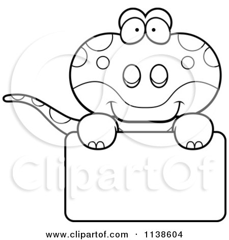 Cartoon Clipart Of An Outlined Cute Gecko Lizard Over A Sign - Black And White Vector Coloring Page by Cory Thoman