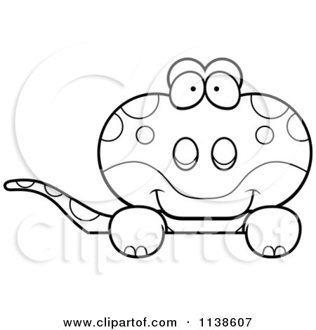 Cartoon Clipart Of An Outlined Cute Gecko Lizard Peeking Over A Sign - Black And White Vector Coloring Page by Cory Thoman