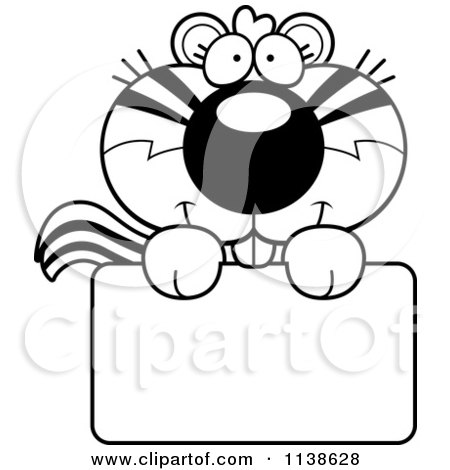 Cartoon Clipart Of An Outlined Cute Chipmunk Over A Sign - Black And White Vector Coloring Page by Cory Thoman