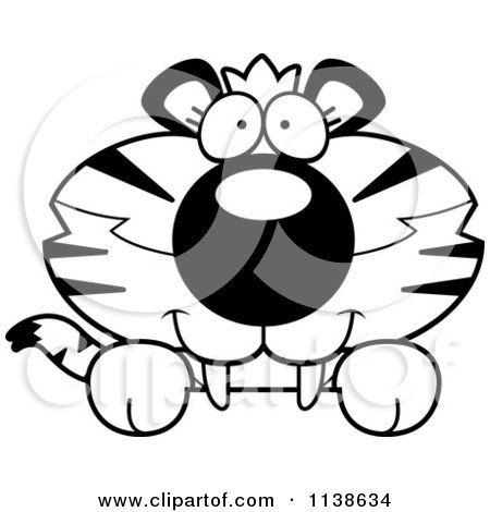 Cartoon Clipart Of An Outlined Cute Happy Tiger Cub Hanging Over A Sign - Black And White Vector Coloring Page by Cory Thoman