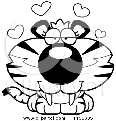 Cartoon Clipart Of An Outlined Cute Amorous Tiger Cub - Black And White Vector Coloring Page by Cory Thoman