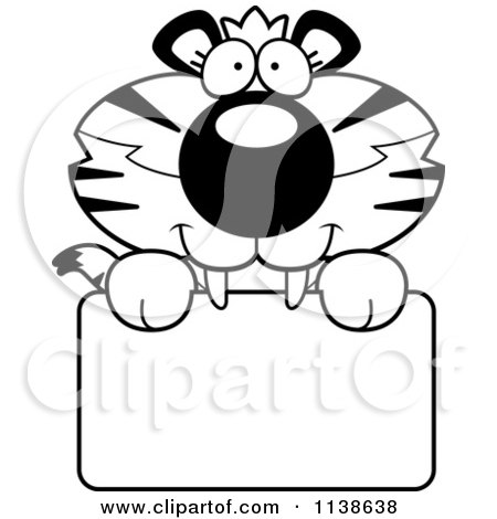 Cartoon Clipart Of An Outlined Cute Happy Tiger Cub Over A Sign - Black And White Vector Coloring Page by Cory Thoman