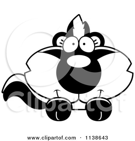 Cartoon Clipart Of An Outlined Cute Baby Skunk Hanging Over A Sign - Black And White Vector Coloring Page by Cory Thoman