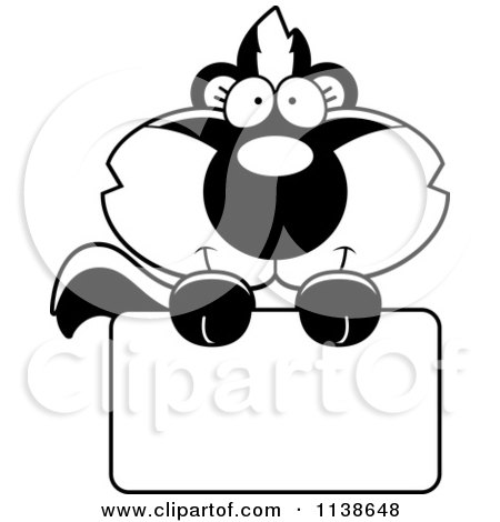 Cartoon Clipart Of An Outlined Cute Baby Skunk Over A Sign - Black And White Vector Coloring Page by Cory Thoman