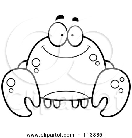 Cartoon Clipart Of A Black And White Happy Smiling Crab - Vector Outlined Coloring Page by Cory Thoman