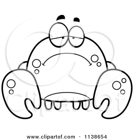 Cartoon Clipart Of A Black And White Depressed Crab - Vector Outlined Coloring Page by Cory Thoman