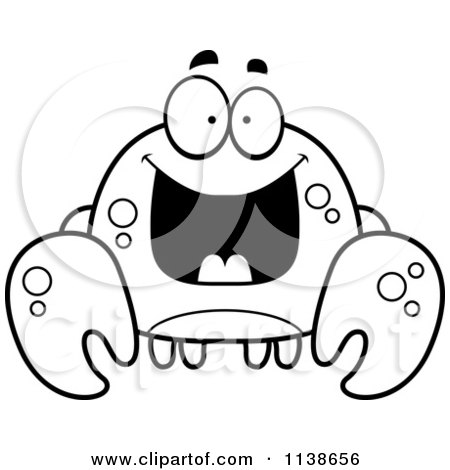 Cartoon Clipart Of A Black And White Excited Crab - Vector Outlined Coloring Page by Cory Thoman