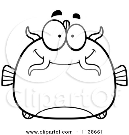 Cartoon Clipart Of A Black And White Happy Catfish - Vector Outlined Coloring Page by Cory Thoman