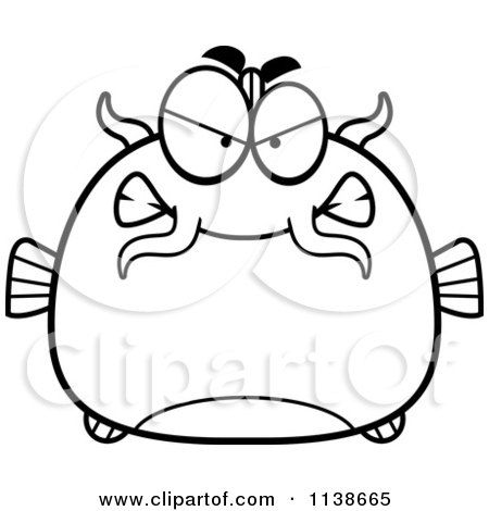 Cartoon Clipart Of A Black And White Angry Catfish - Vector Outlined Coloring Page by Cory Thoman