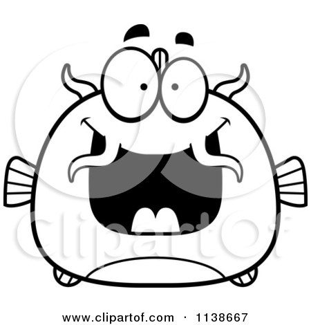 Cartoon Clipart Of A Black And White Excited Catfish - Vector Outlined Coloring Page by Cory Thoman