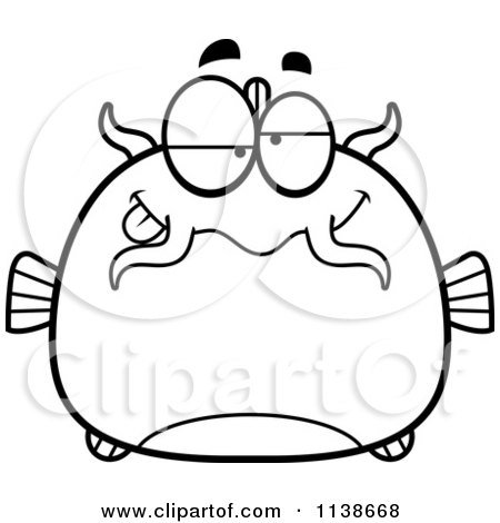 Cartoon Clipart Of A Black And White Dumb Catfish - Vector Outlined Coloring Page by Cory Thoman