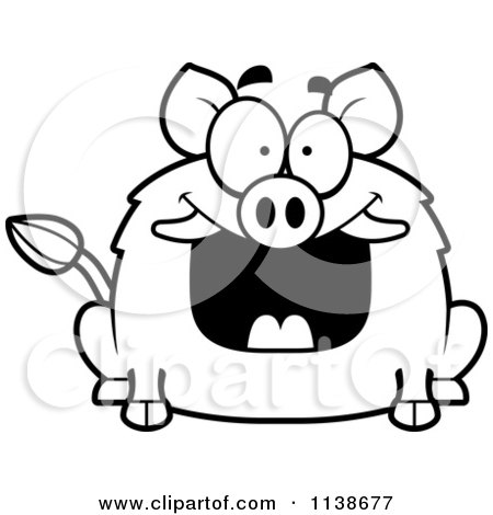 Cartoon Clipart Of A Black And White Happy Grinning Boar - Vector Outlined Coloring Page by Cory Thoman