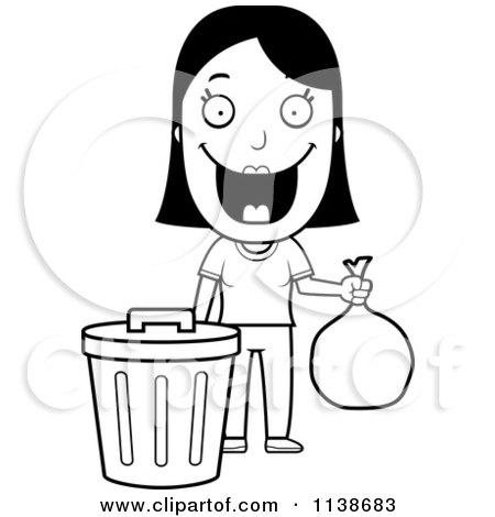 Cartoon Clipart Of A Black And White Happy Woman Taking Out The Trash - Vector Outlined Coloring Page by Cory Thoman