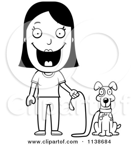 Cartoon Clipart Of A Black And White Happy Woman Ready To Walk Her Dog - Vector Outlined Coloring Page by Cory Thoman