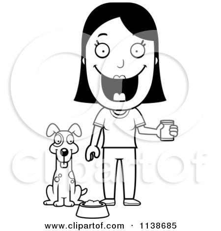 Cartoon Clipart Of A Black And White Happy Woman Feeding Her Dog - Vector Outlined Coloring Page by Cory Thoman
