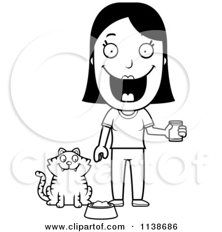 Cartoon Clipart Of A Black And White Happy Woman Feeding Her Cat - Vector Outlined Coloring Page by Cory Thoman