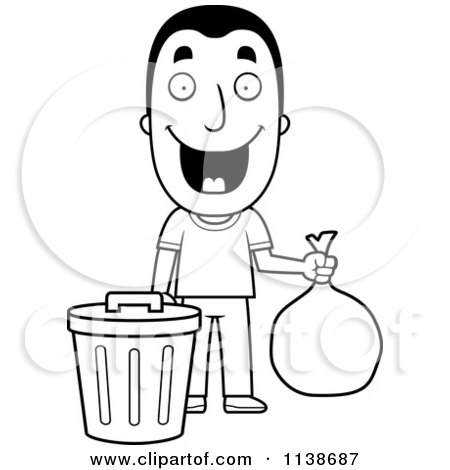 Cartoon Clipart Of A Black And White Happy Man Taking Out The Trash - Vector Outlined Coloring Page by Cory Thoman