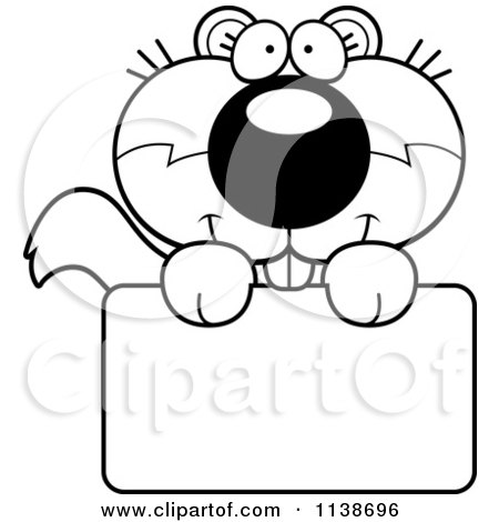 Cartoon Clipart Of A Black And White Cute Happy Baby Squirrel Over A Sign - Vector Outlined Coloring Page by Cory Thoman