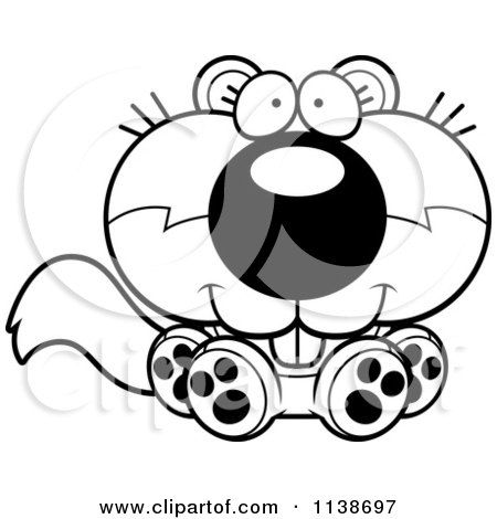 Cartoon Clipart Of A Black And White Cute Sitting Baby Squirrel - Vector Outlined Coloring Page by Cory Thoman